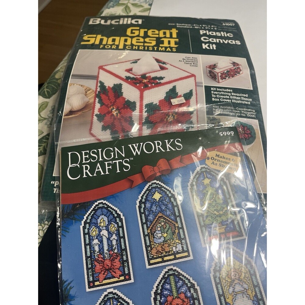 Bucilla Plastic Canvas Poinsettia Tissue Box Kit & Ornaments New 2 Kits